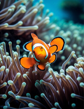 Clownfish, Anemonefish swim among the tentacles of anemones, symbiosis of fish and anemones