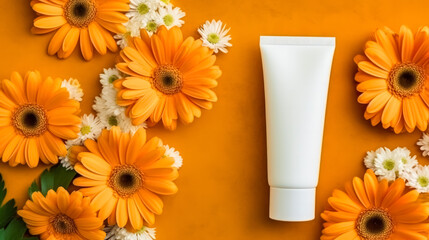 a plastic tube of cream set against an orange background adorned with vibrant gerbera flowers.