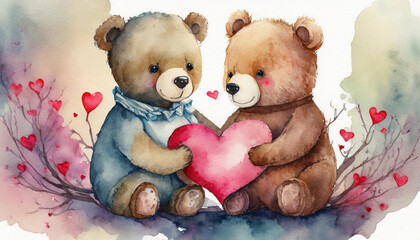 Pair of teddy bears with heart, watercolor style, copyspace on one side