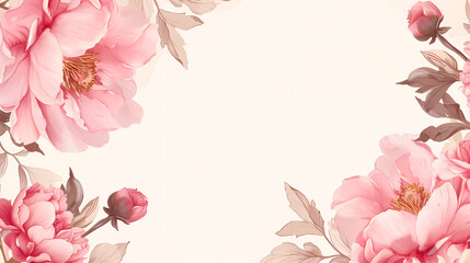 Fototapeta premium floral peony photo frame background with copy space. Flat lay composition with peonies on a pastel background.