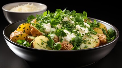 Fototapeta na wymiar Bowl of tasty Potato Salad with greens