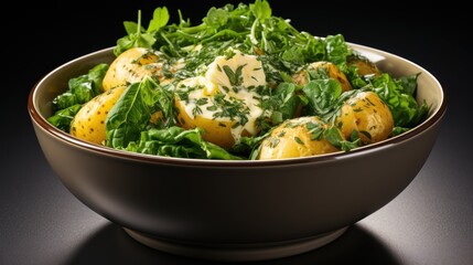 Bowl of tasty Potato Salad with greens