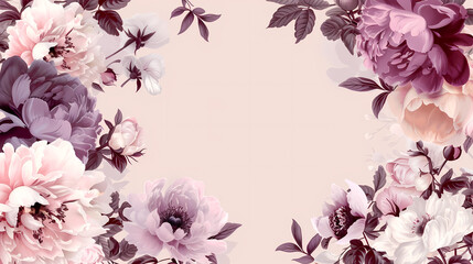 floral peony photo frame background with copy space. Flat lay composition with peonies on a pastel background.