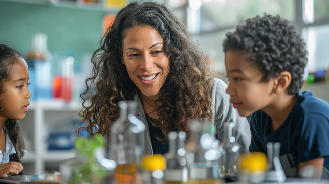 Teacher woman in biology classroom make experiment with kids. Group of children in science class with teacher.