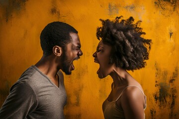 Angry young adult african american woman yelling versus her husband. Black man and woman shouting at each other over yellow studio background. Closeup of african american couple fighting, profile view - Powered by Adobe