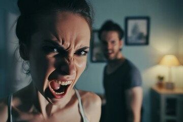 Angry young adult Caucasian woman yelling versus her husband at home living room, Young couple arguing and fighting. Domestic violence, emotional abuse scene of woman and man screaming at each other - obrazy, fototapety, plakaty