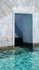 A white wall with a door and a pool. Generative AI.