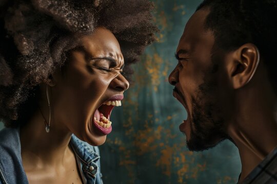 Angry young adult african american woman yelling versus her husband. Black man and woman shouting at each other over dark studio background. Closeup of african american couple fighting, profile view