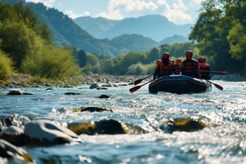 Back view, Rafting on mountain river. Group of tourists fighting with strong stream of mountain river. Team cohesion, team building
