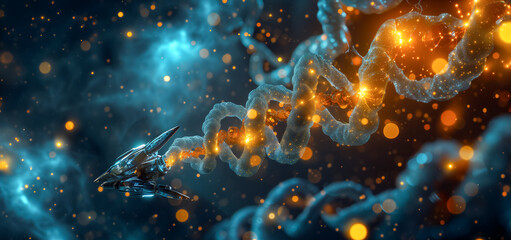 Nanobots are repairing damaged DNA. Genetic engineering. science and medical concept. future technology	