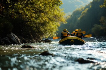 Back view, Rafting on mountain river. Group of tourists fighting with strong stream of mountain river. Team cohesion, team building - obrazy, fototapety, plakaty