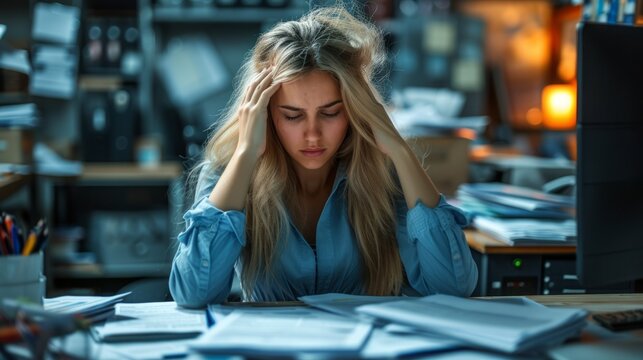 Young businesswoman sitting at desk in office looking stressed and overwhelmed with paperwork