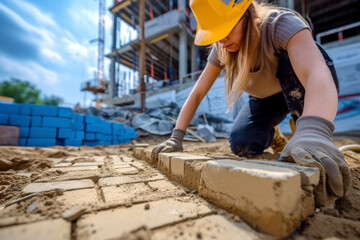Close up of a woman construction worker laying bricks on a clean construction site. The working...