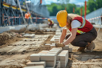 Close up of a woman construction worker laying bricks on a clean construction site. The working concept of job and worker.