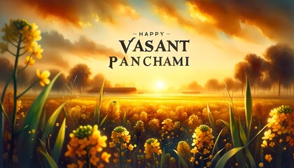 Beautiful yellow mustard fields at sunset for celebrating vasant panchami in watercolor style. - obrazy, fototapety, plakaty