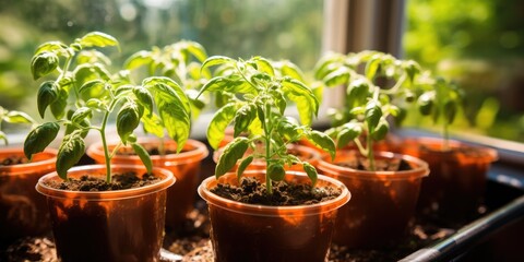 Young small tomato seedlings growing in pots on the windowsill at home. Generative AI