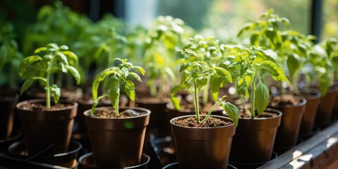 Young small tomato seedlings growing in pots on the windowsill at home