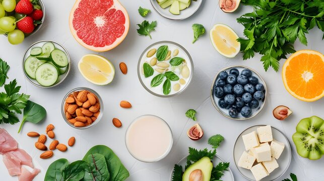 plant-based alternatives, including almond milk, tofu, and fresh fruits. The image communicates the versatility and variety of vegan food choices, making it an excellent option
