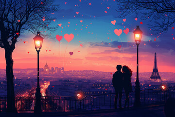 Romantic couple with heartshaped air balloons enjoying paris views, illustration
