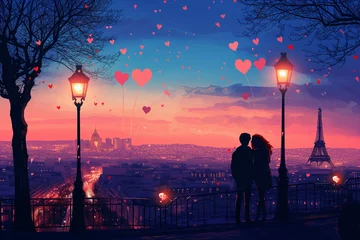 Foto op Canvas Romantic couple with heartshaped air balloons enjoying paris views, illustration © pijav4uk