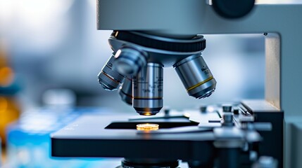 Examination of the sample with germs and bacteria under a microscope, microscope closeup, examining with a microscope, medical banner, medical background, medical concept, health concept, health banne