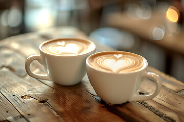 two cups with heart shaped lattes in