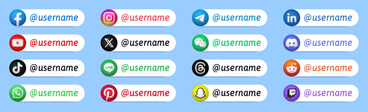 Follow us on banners with usernames. Popular social networks and messengers. Instagram, Facebook, WhatsApp, TikTok, Telegram, YouTube, Threads, Discord, Twitch icons. Join us, find us