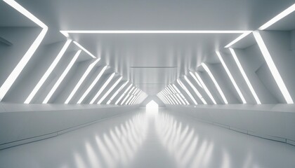 Empty Long Light Corridor abd Modern white background. Futuristic Sci-Fi Triangle Tunnel
