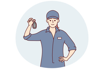 Woman in janitor clothing demonstrates what she found while cleaning in business center. Girl working at car wash shows key to automobili after providing body cleaning services. Flat vector design