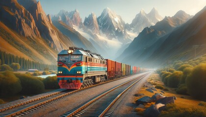 Mountain Freight: The Journey of a Cargo Train Through Majestic Peaks - obrazy, fototapety, plakaty