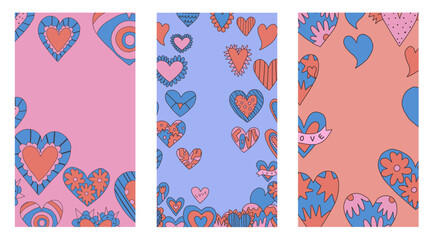 set of vertical frames with hearts for Valentine's day.layered template for social media on the 14th of February. romantic stories for lovers.psychedelic 1970s style,hippie retro vibe,only good vibes