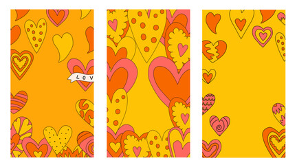 set of vertical frames with hearts for Valentine's day.layered template for social media on the 14th of February. romantic stories for lovers.psychedelic 1970s style,hippie retro vibe,only good vibes	