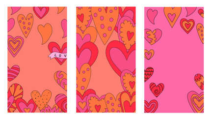 set of vertical frames with hearts for Valentine's day.layered template for social media on the 14th of February. romantic stories for lovers.psychedelic 1970s style,hippie retro vibe,only good vibes