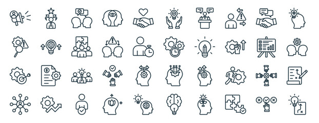 set of 40 outline web problem solutions icons such as career, analysis, goal, networking, financial planning, positive thinking, solution icons for report, presentation, diagram, web design, mobile