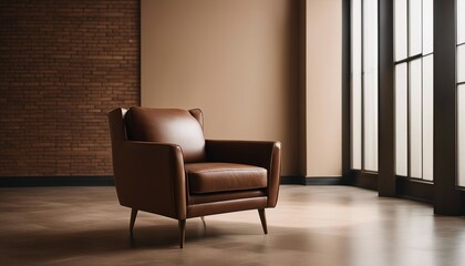 Luxury vintage brown leather Armchair against beige blank Wall Interior space in a large empty room

