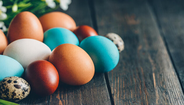 Easter eggs and painted chicken eggs, copyspace on a side