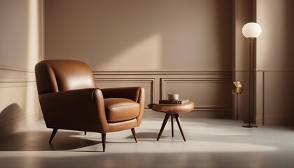 Naklejka na ściany i meble Luxury vintage brown leather Armchair against beige blank Wall Interior space in a large empty room