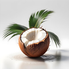 &Iacute;cone tropical - Coco seco 3d partido com textura de pl&aacute;stico e galhos de palmeiras atr&aacute;s.