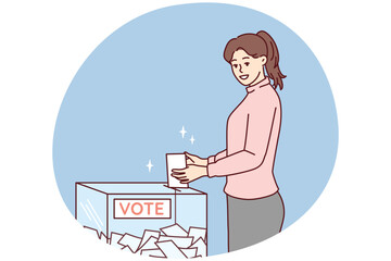 Woman throws ballot into glass box casting vote for presidential or congressional candidate. girl shows civil position by taking part in elections of political course of state. Flat vector design