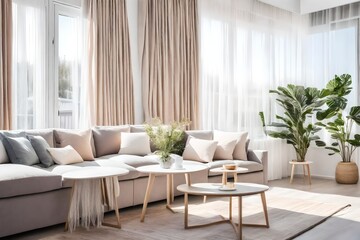 A cozy and stylish living room interior. Couch sofa with linen cushions in pastel neutral colors next to window with white curtains and streams of natural light creates a warm atmosphere