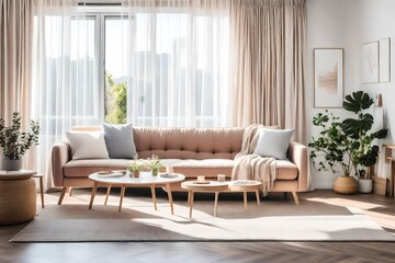 Fototapeta na wymiar A cozy and stylish living room interior. Couch sofa with linen cushions in pastel neutral colors next to window with white curtains and streams of natural light creates a warm atmosphere