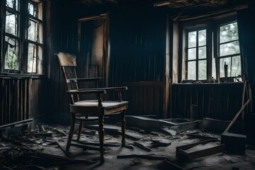 A skelton sitting on a chair in a abandoned destroy house with copy space, horror concept