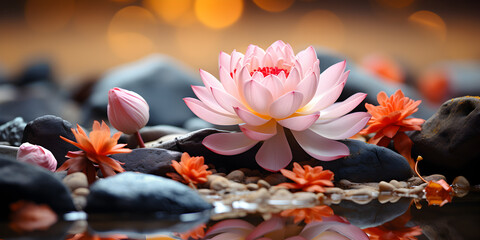 Pink lotus on black pebbles