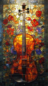 Stained glass window background with colorful Violin abstract.