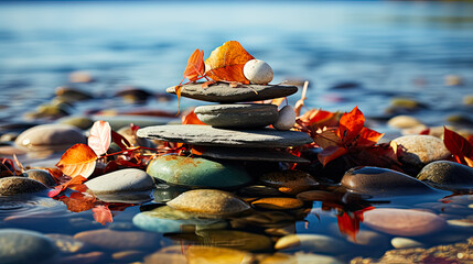 Experience the art of balance with rocks delicately stacked atop one another on moss covered stones.