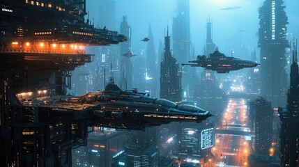 Futuristic Cityscape with Advanced Spacecraft