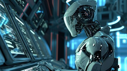 Fototapeta premium Advanced Humanoid Robot Interfacing with Technology