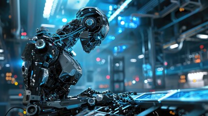 Fototapeta premium Advanced Humanoid Robot Interfacing with Technology