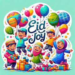 Vibrant illustration of children celebrating Eid with joy and gifts.