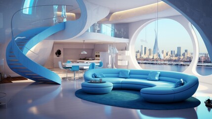 Modern sci-fi futuristic blue interior. Neural network AI generated art